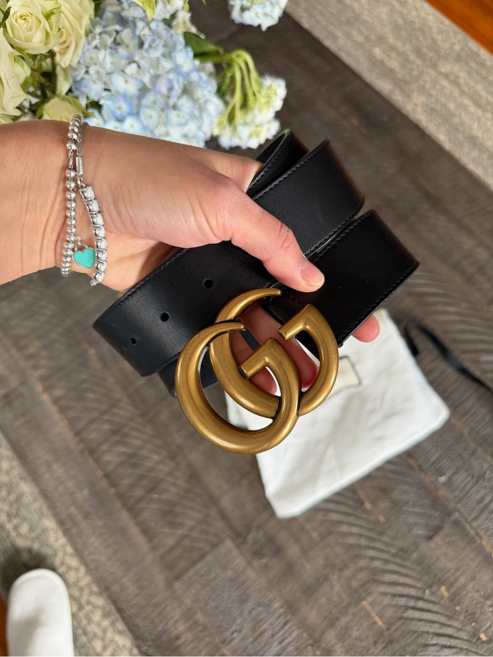 Gucci Black Leather Belt with Antique Gold Double-G Buckle